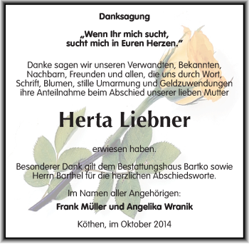 Traueranzeige von Herta Liebner von Mitteldeutsche Zeitung Köthen