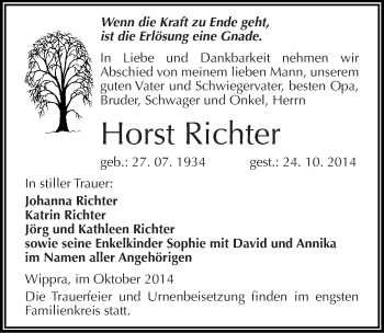 Traueranzeige von Horst Richter von Mitteldeutsche Zeitung Mansfelder Land