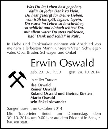 Traueranzeige von Erwin Oswald von Mitteldeutsche Zeitung Sangerhausen
