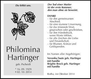 Traueranzeige von Philomina Hartinger von Mitteldeutsche Zeitung Sangerhausen