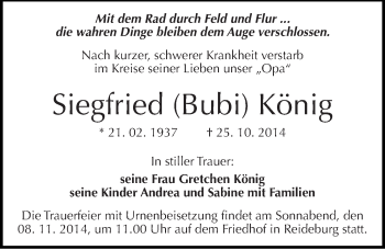 Traueranzeige von Siegfried Bubi König von Mitteldeutsche Zeitung Halle/Saalkreis