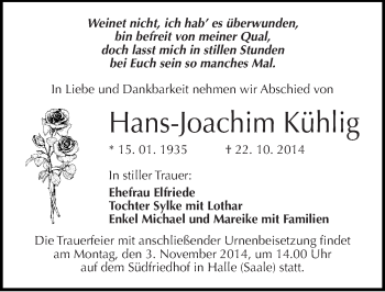 Traueranzeige von Hans-Joachim Kühlig von Mitteldeutsche Zeitung Halle/Saalkreis