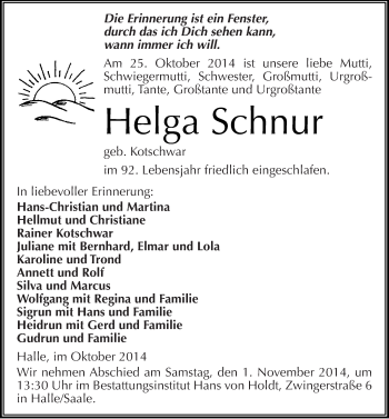 Traueranzeige von Helga Schnur von Mitteldeutsche Zeitung Halle/Saalkreis