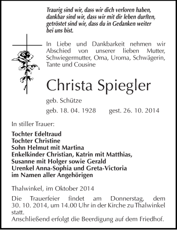 Traueranzeige von Christa Spiegler von Mitteldeutsche Zeitung Naumburg/Nebra