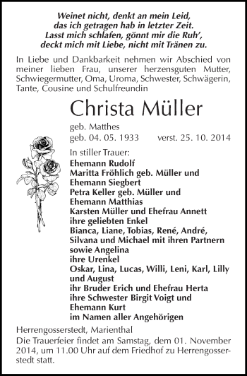 Traueranzeige von Christa Müller von Mitteldeutsche Zeitung Naumburg/Nebra