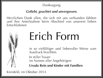 Traueranzeige von Erich Form von Mitteldeutsche Zeitung Mansfelder Land