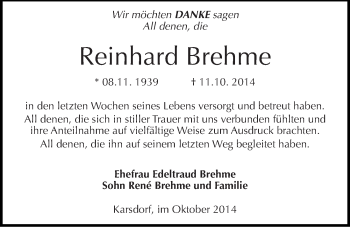 Traueranzeige von Reinhard Brehme von Mitteldeutsche Zeitung Naumburg/Nebra