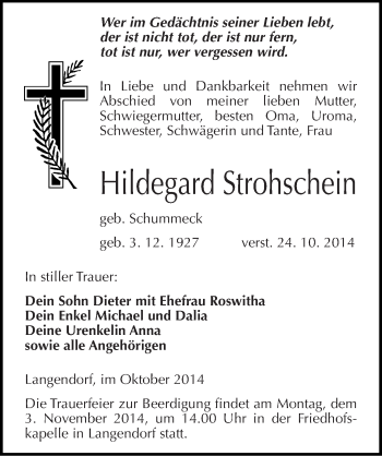 Traueranzeige von Hildegard Strohschein von Mitteldeutsche Zeitung Weißenfels