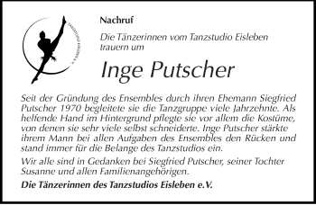 Traueranzeige von Inge Putscher von Mitteldeutsche Zeitung Mansfelder Land