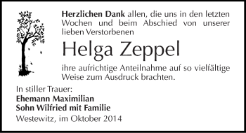 Traueranzeige von Helga Zeppel von Mitteldeutsche Zeitung Halle/Saalkreis