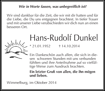 Traueranzeige von Hans-Rudolf Dunkel von Mitteldeutsche Zeitung Mansfelder Land