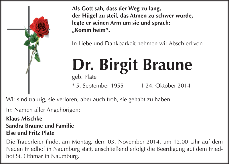  Traueranzeige für Birgit Braune vom 29.10.2014 aus Mitteldeutsche Zeitung
