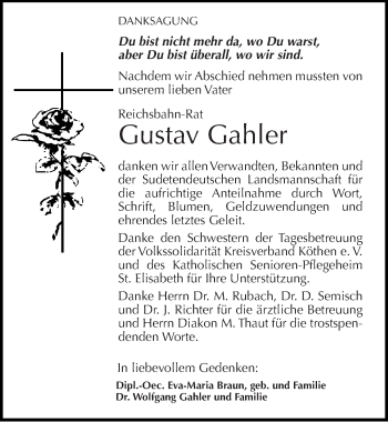 Traueranzeige von Gustav Gahler von Mitteldeutsche Zeitung Köthen