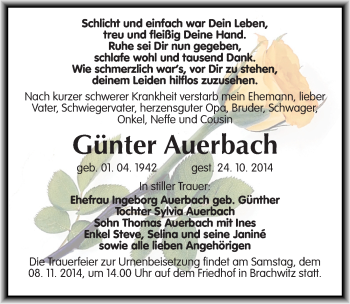 Traueranzeige von Günter Auerbach von Mitteldeutsche Zeitung Halle/Saalkreis