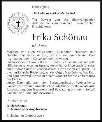 Traueranzeige von Erika Schönau von Mitteldeutsche Zeitung