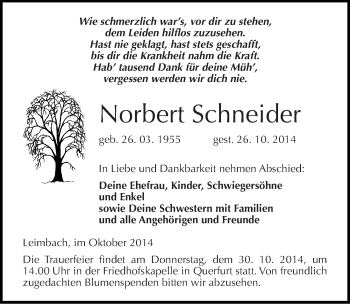 Traueranzeige von Norbert Schneider von Mitteldeutsche Zeitung Merseburg/Querfurt
