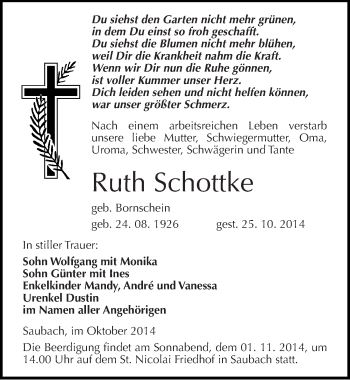 Traueranzeige von Ruth Schottke von Mitteldeutsche Zeitung Naumburg/Nebra