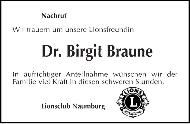  Traueranzeige für Birgit Braune vom 30.10.2014 aus Mitteldeutsche Zeitung Naumburg/Nebra