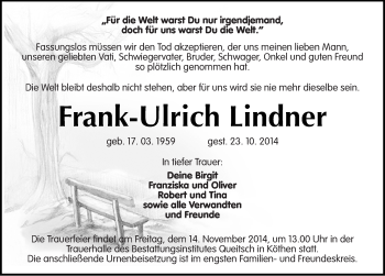 Traueranzeige von Frank-Ulrich Lindner von Mitteldeutsche Zeitung Köthen