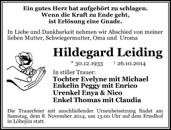 Traueranzeige von Hildegard Leiding von Mitteldeutsche Zeitung Halle/Saalkreis