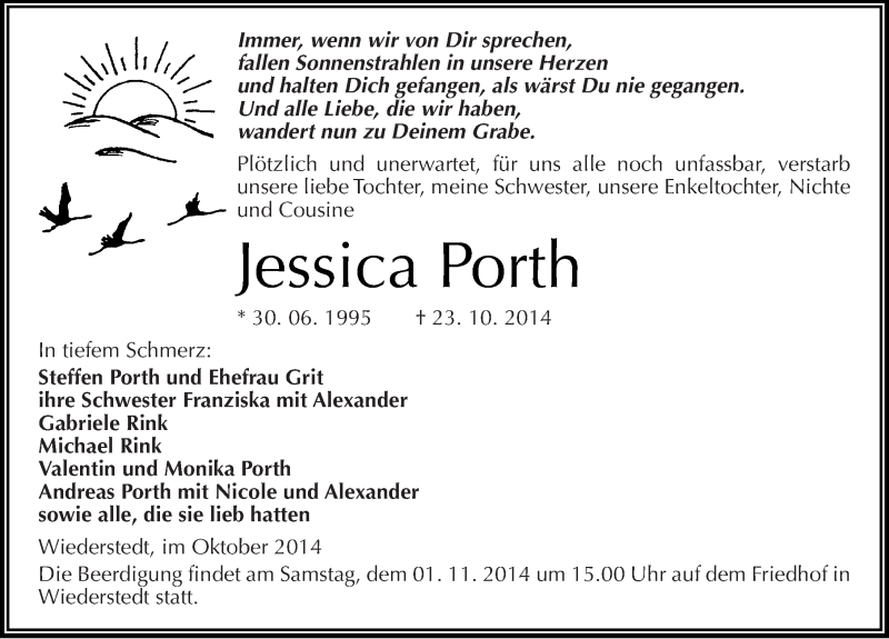  Traueranzeige für Jessica Porth vom 29.10.2014 aus Mitteldeutsche Zeitung Mansfelder Land