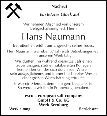 Traueranzeige von Hans Naumann von Mitteldeutsche Zeitung Bernburg