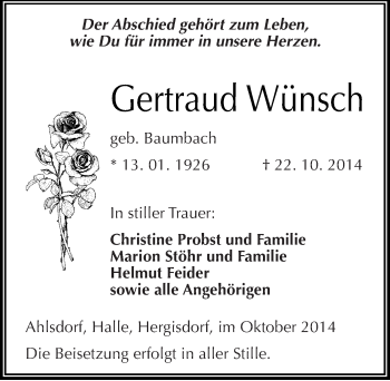 Traueranzeige von Gertraud Wünsch von Mitteldeutsche Zeitung Mansfelder Land