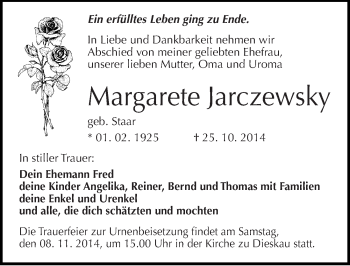 Traueranzeige von Margarete Jarczewsky von Mitteldeutsche Zeitung Halle/Saalkreis