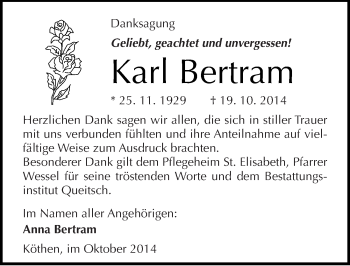 Traueranzeige von Karl Bertram von Mitteldeutsche Zeitung