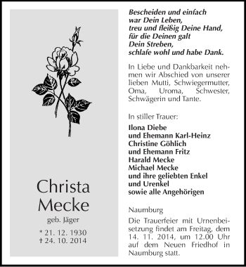 Traueranzeige von Christa Mecke von Mitteldeutsche Zeitung Naumburg/Nebra