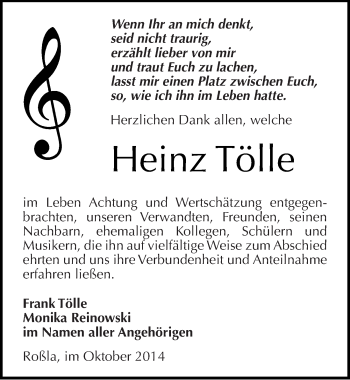 Traueranzeige von Heinz Tölle von Mitteldeutsche Zeitung Sangerhausen
