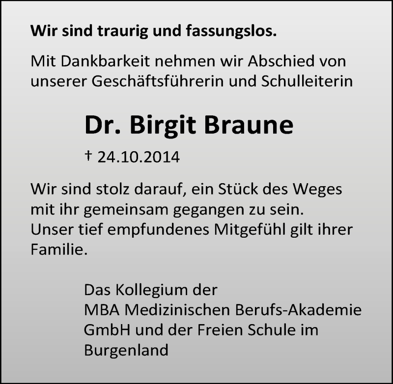  Traueranzeige für Birgit Braune vom 30.10.2014 aus Mitteldeutsche Zeitung