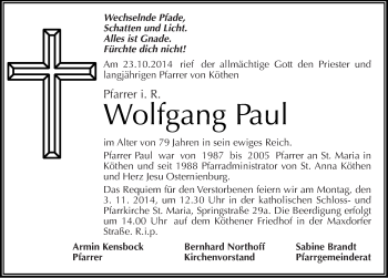 Traueranzeige von Wolfgang Paul von Mitteldeutsche Zeitung Köthen