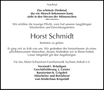 Traueranzeige von Horst Schmidt von Mitteldeutsche Zeitung Wittenberg