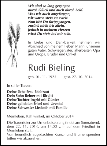Traueranzeige von Rudi Bieling von Mitteldeutsche Zeitung Naumburg/Nebra