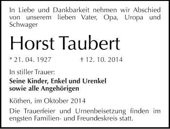 Traueranzeige von Horst Taubert von Mitteldeutsche Zeitung Köthen
