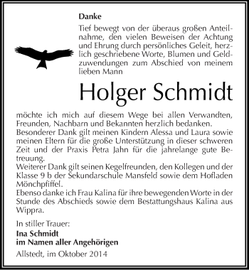 Traueranzeige von Holger Schmidt von Mitteldeutsche Zeitung Sangerhausen