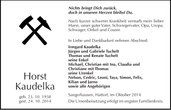 Traueranzeige von Horst Kaudelka von Mitteldeutsche Zeitung Sangerhausen