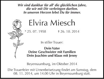 Traueranzeige von Elvira Miesch von Mitteldeutsche Zeitung Sangerhausen