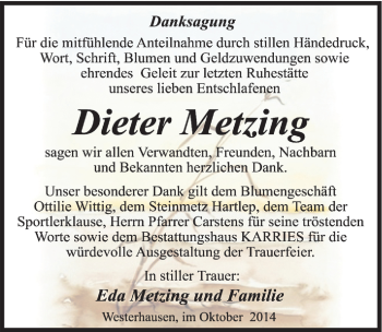 Traueranzeige von Dieter Metzing von Mitteldeutsche Zeitung Quedlinburg