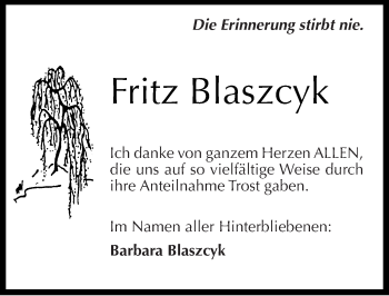 Traueranzeige von Fritz Blaszcyk von Mitteldeutsche Zeitung Köthen