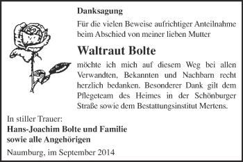 Traueranzeige von Waltraut Bolte von WVG - Wochenspiegel NMB / WSF / ZTZ