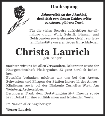 Traueranzeige von Christa Laurich von WVG - Wochenspiegel Aschersleben