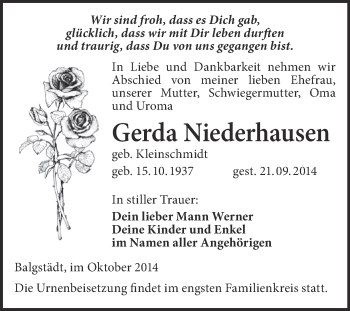 Traueranzeige von Gerda Niederhausen von WVG - Wochenspiegel NMB / WSF / ZTZ