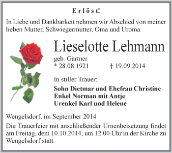 Traueranzeige von Lieselotte Lehmann von Super Sonntag Merseburg