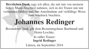 Traueranzeige von Johannes Redinger von WVG - Wochenspiegel Merseburg