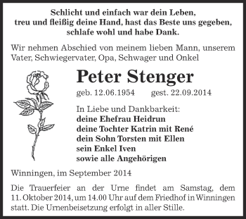 Traueranzeige von Peter Stenger von Super Sonntag Aschersleben