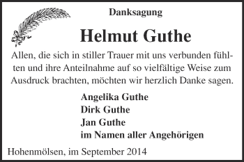 Traueranzeige von Helmut Guthe von WVG - Wochenspiegel NMB / WSF / ZTZ