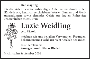 Traueranzeige von Luzie Weidling von WVG - Wochenspiegel NMB / WSF / ZTZ