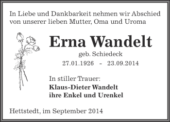Traueranzeige von Erna Wandelt von Wochenspiegel Mansfelder Land
